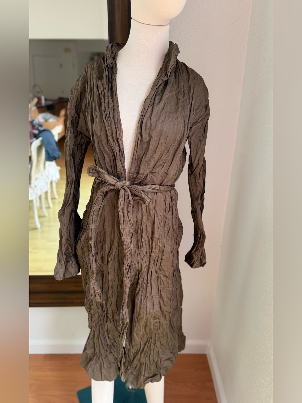 Brown Crinkled Wrap Duster Coat with Tie Belt